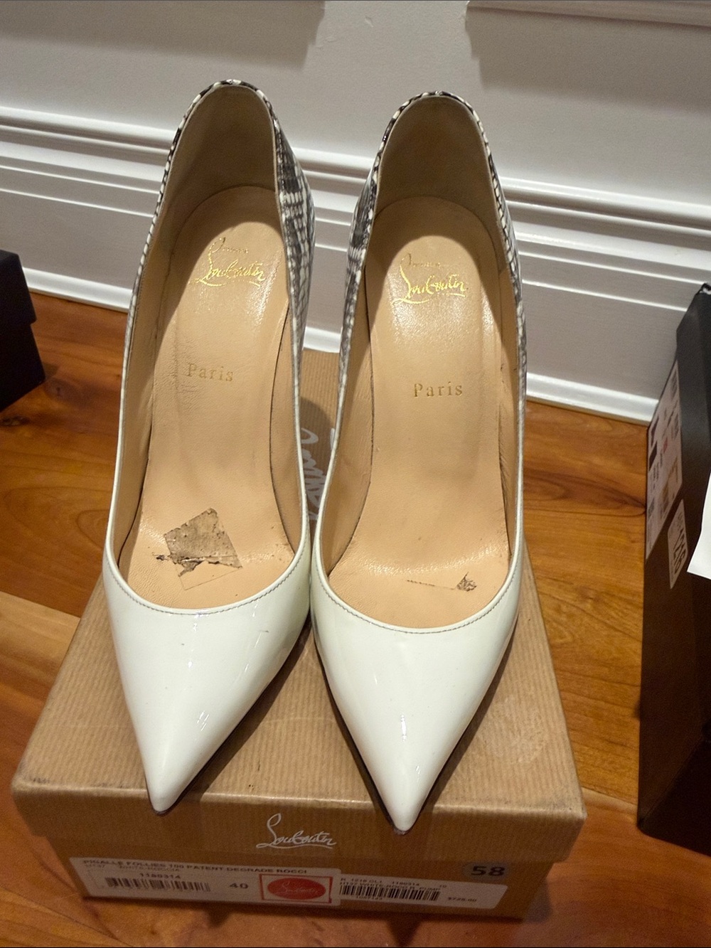 Christian Louboutin White Patent Pointed-Toe Pumps with Patterned Heel